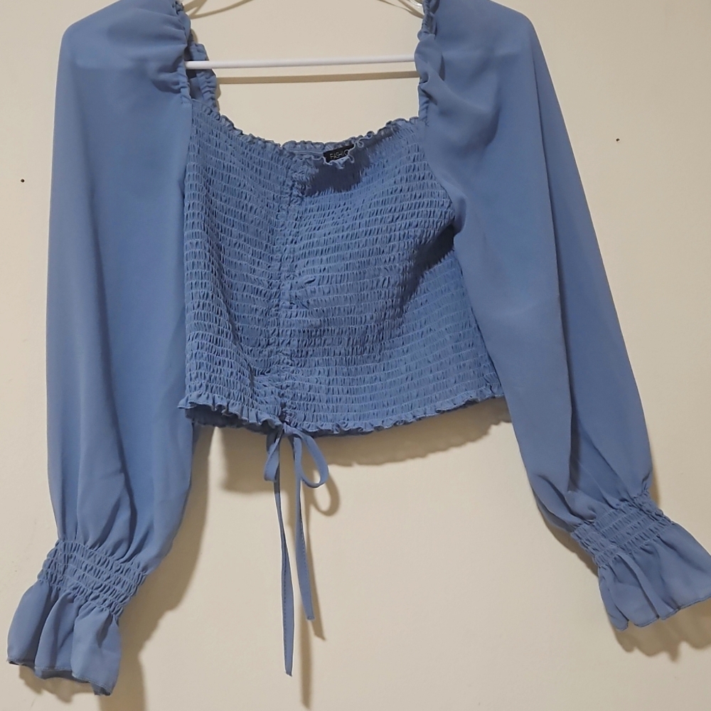 Fashion Nova blue cinch top; size Medium